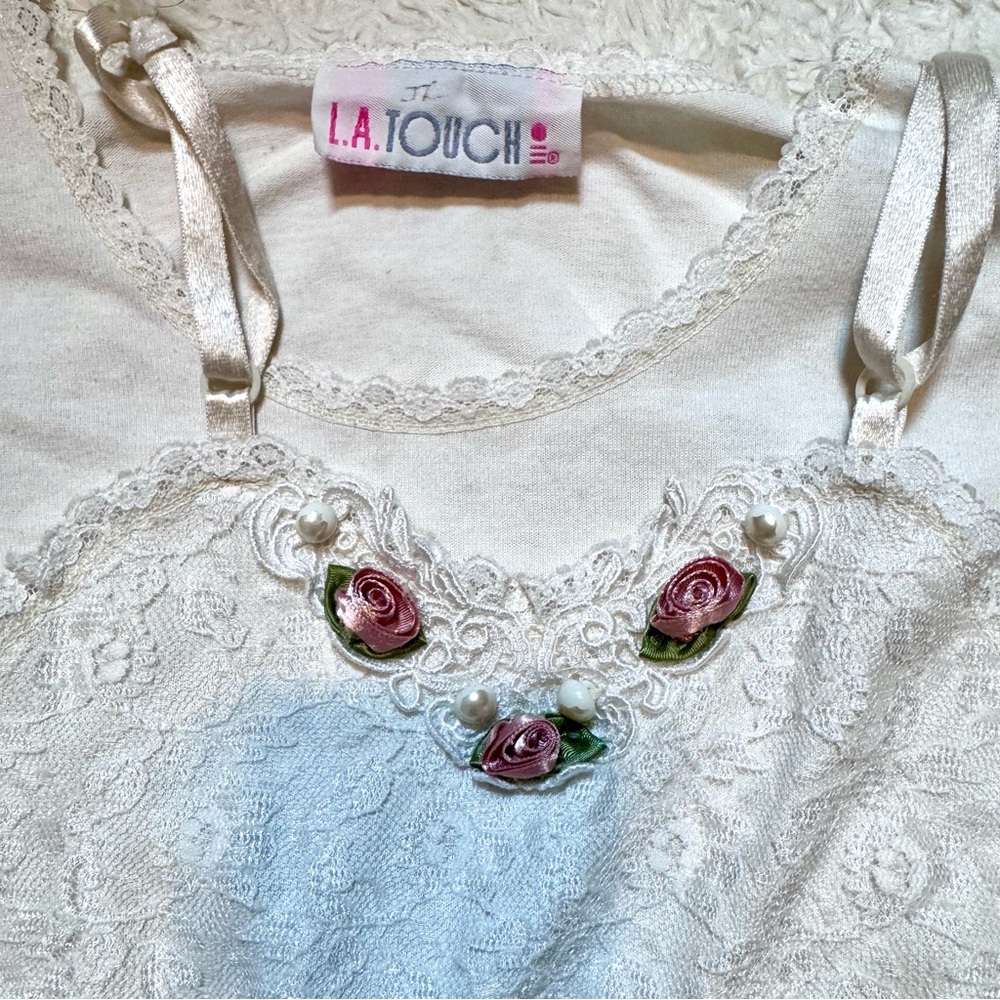 Vintage 90’s L.A. Touch Ivory Lace Dress | Floral Rosettes & Pearl Details girls - Picture 6 of 7
